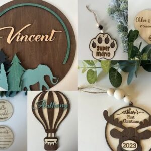 collage of wooden laser engraved products