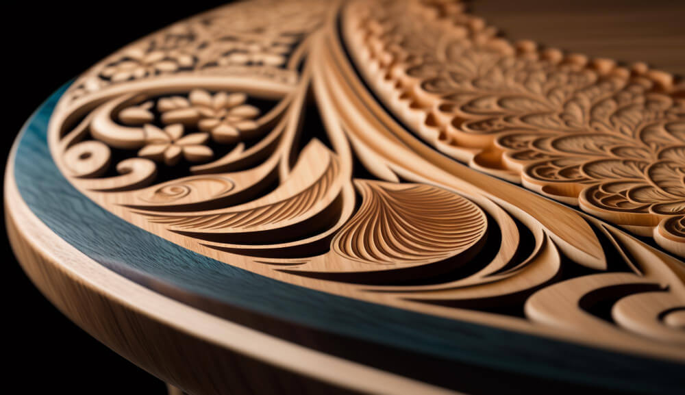 closeup of a beautifully carved wooden table 