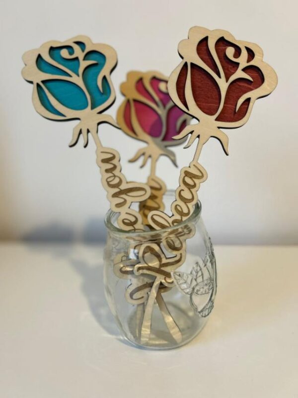 wooden laser cut flowers in a vase