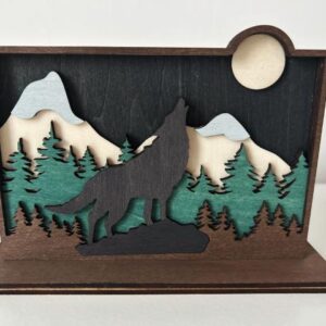 multi layered wooden laser cut scene featuring a wolf