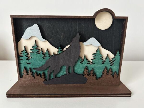 multi layered wooden laser cut scene featuring a wolf